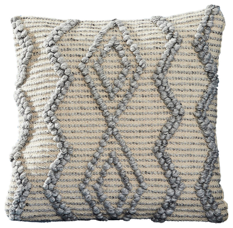 18 Inch Decorative Throw Pillow Cover, Blue Beaded Diamond Design, Beige