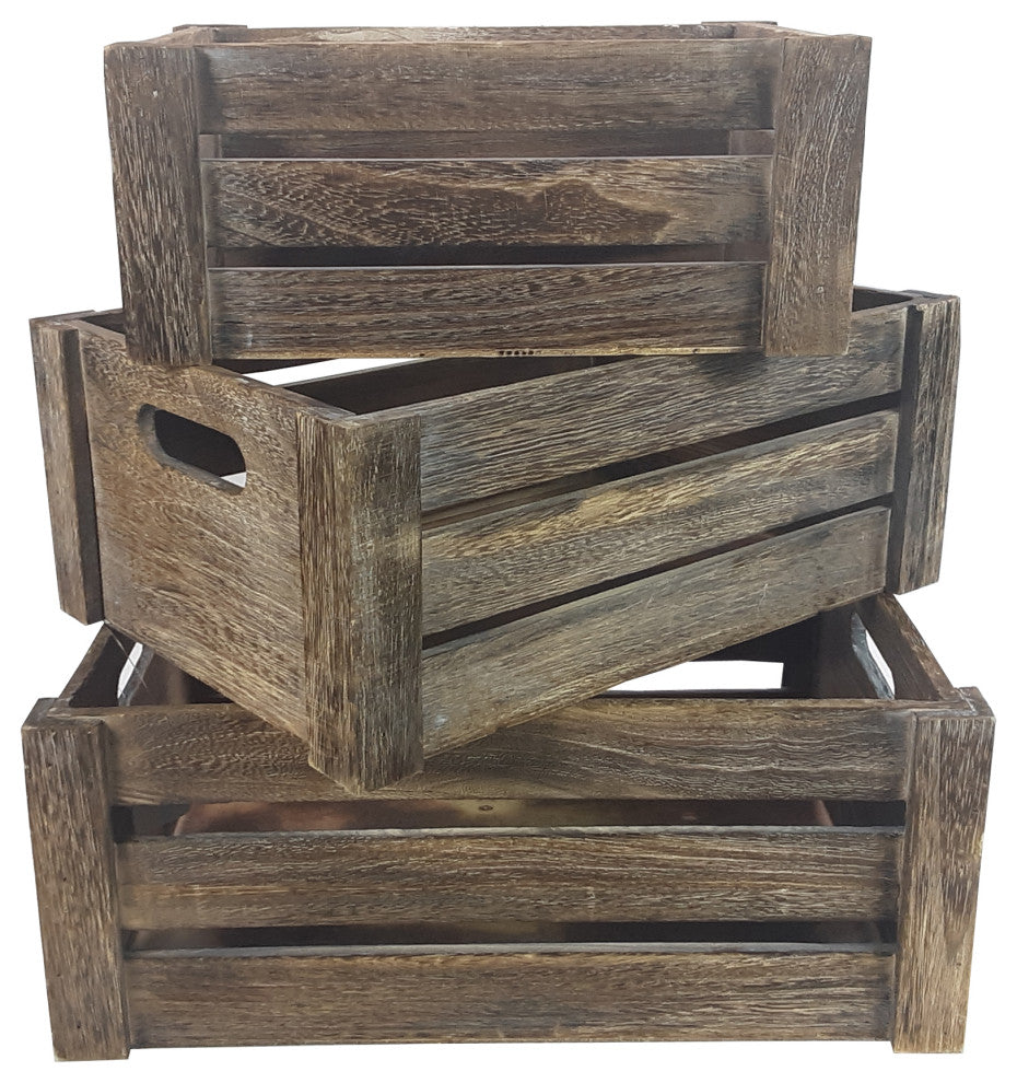 Rustic White Set of 3 Distressed Decorative Wood Crates Storage, Brown
