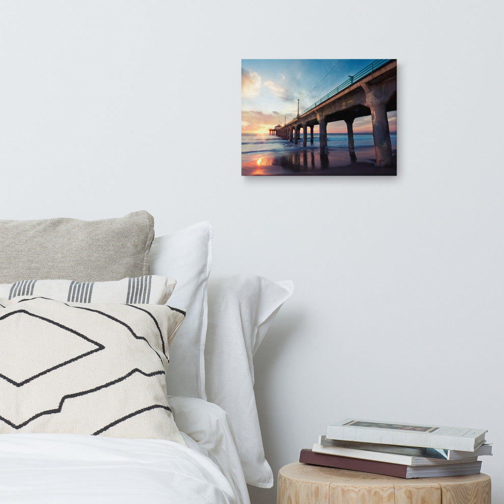Tranquil Manhattan Beach Pier at Sunset Landscape Photo Canvas Wall Art Print, 12" X 16"