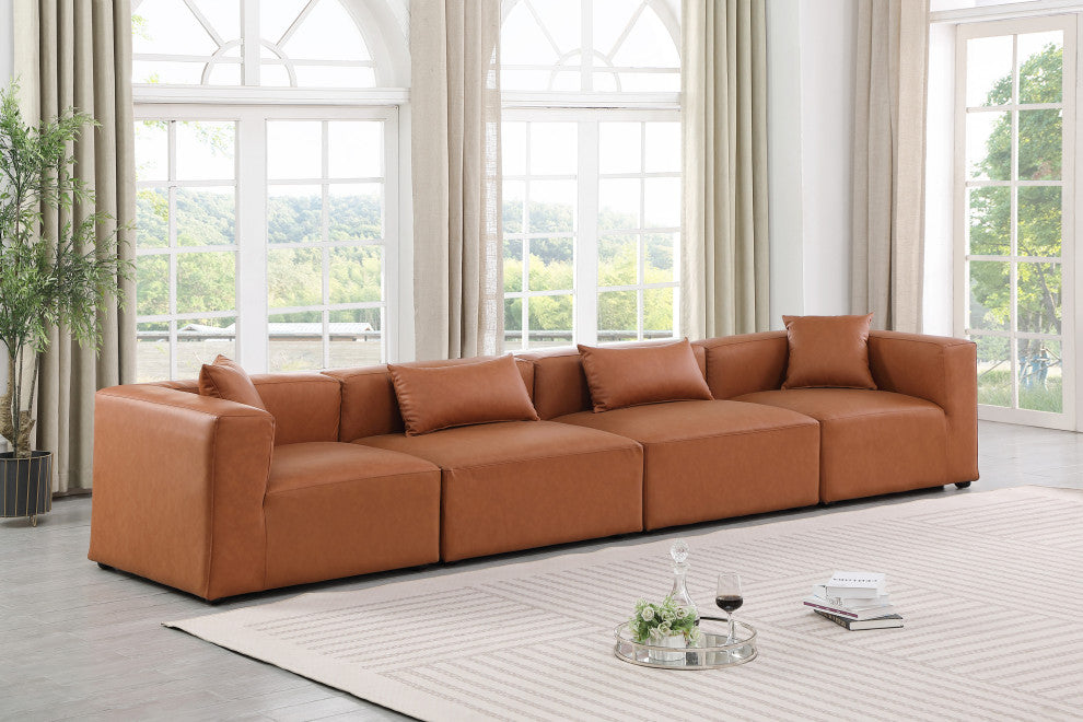 Cube Upholstered Modular Sofa, Cognac, 4-Piece: 2 Armless Chair, 2 Corner Chair, Vegan Leather