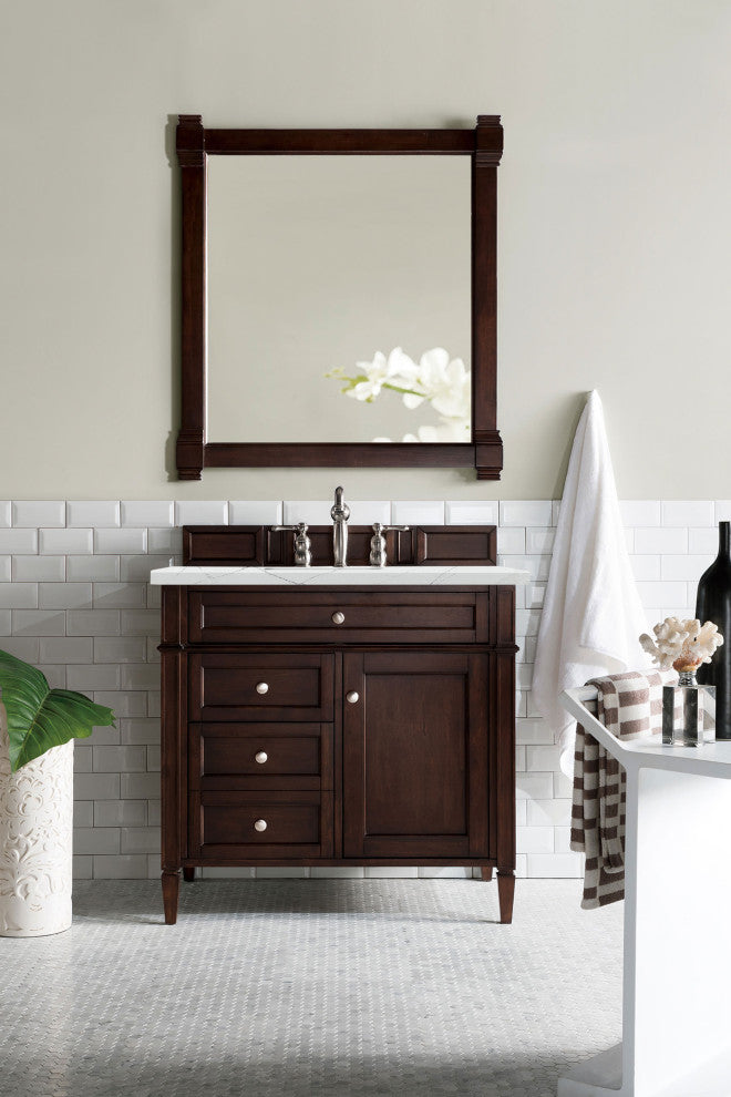 James Martin 650-V36-BNM-3ENC 36" Burnished Mahogany Single Vanity + Quartz Top