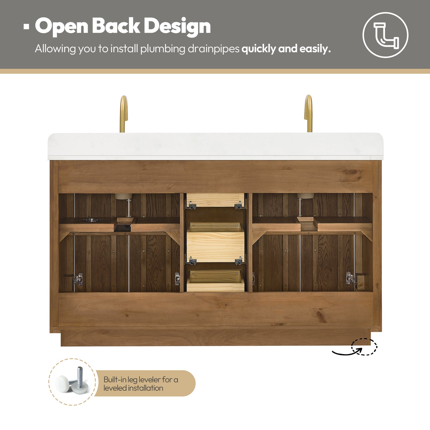 Busan Bath Vanity, Quartz Top No Mirror, Oak Classic Brown, 60", Double Vanity