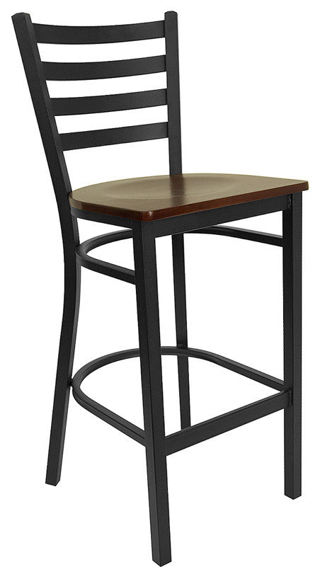 Dyersburg 29" Metal Barstool Black Full Ladder Back, Mahogany Wood Seat