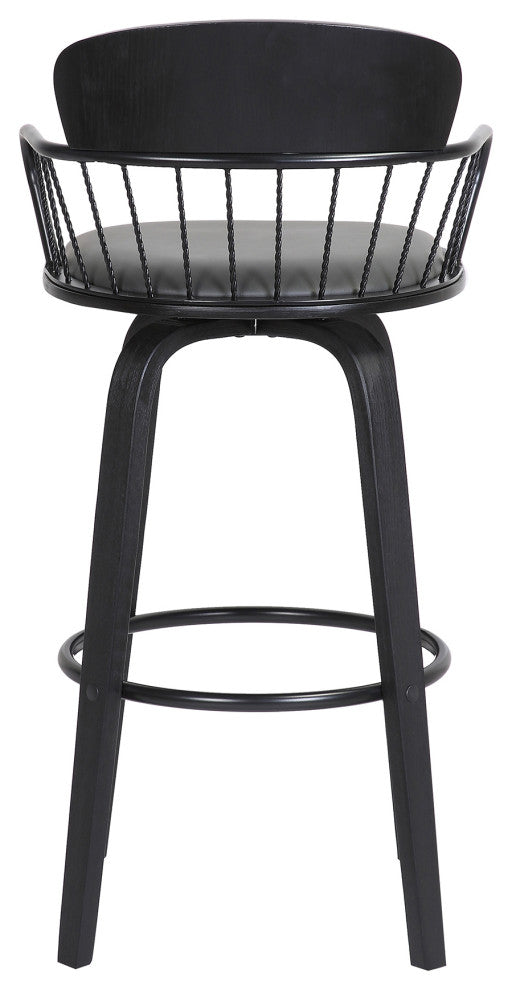 Willow 25.5" Swivel Black Wood Counter Stool Gray Faux Leather with Black Metal, 30