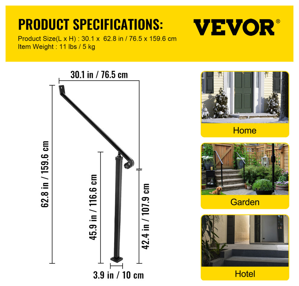 Handrails for Outdoor Steps Wrought Iron Step Railings, Fit 2-3 Steps
