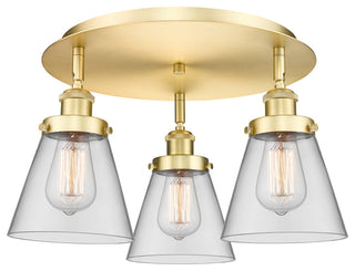 Cone-3 Light 18" Flush Mount-Satin Gold, Clear Glass Shade