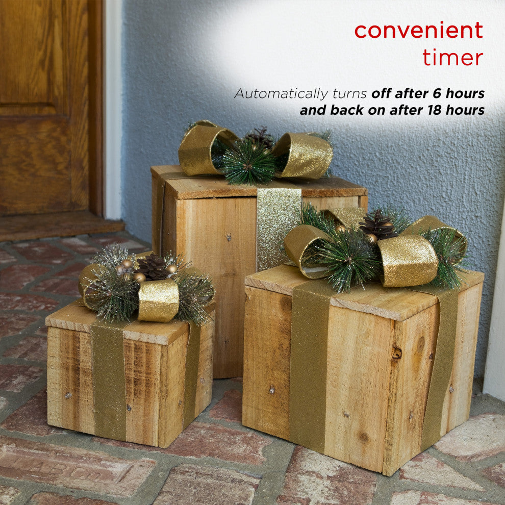 3-Piece Wooden Gift Box Christmas Decor with LED Lights, Gold