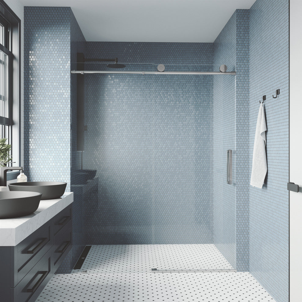 VIGO Elan Frameless Sliding Shower Door, V-Motion, Clear Glass, Chrome, 56" to 60" W X 76" H
