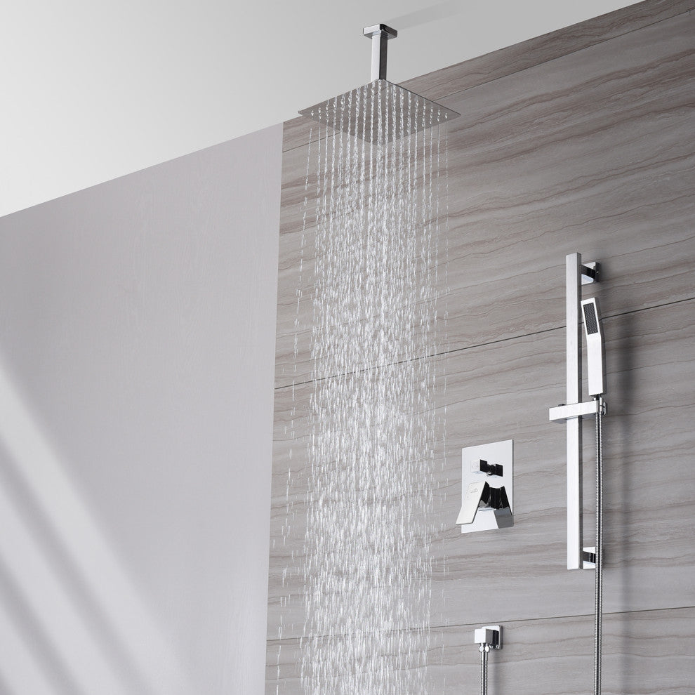 CASAINC 10" Ceiling Mounted Shower System Set w Sliding Handheld Rod, Chrome