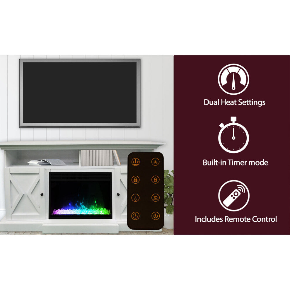 62" Summit Farmhouse Electric Fireplace Mantel With Crystal Insert, White