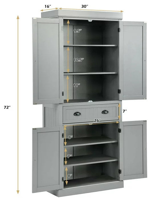 Traditional Pantry Cabinet, 2 Large Doors With Drawer & Pull Handles, Grey
