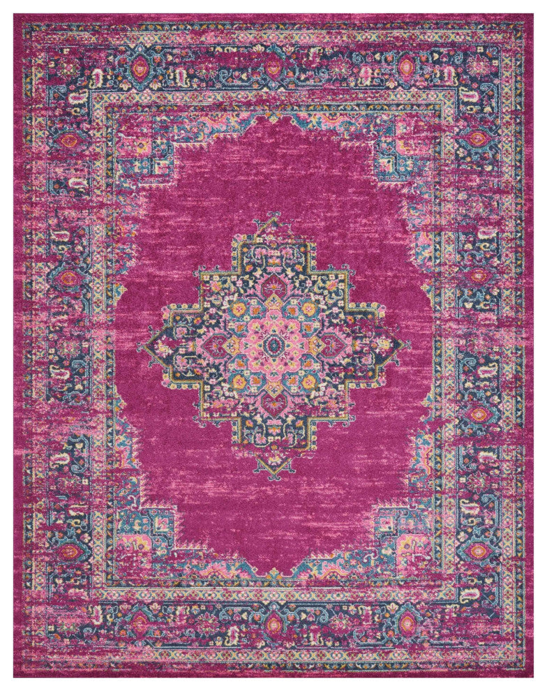8 x 10 Fuchsia and Blue Distressed Area Rug