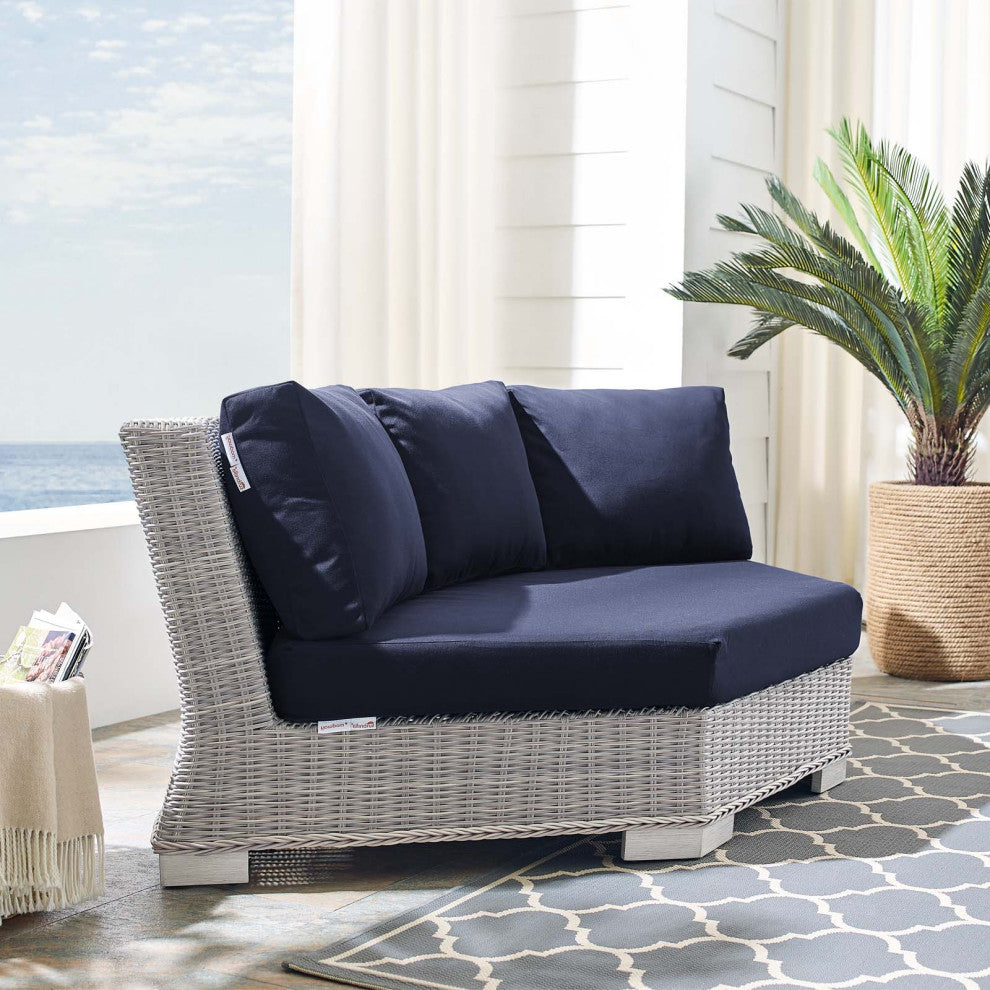Sofa Corner Chair, Sunbrella, Round, Rattan, Gray Blue Navy, Outdoor