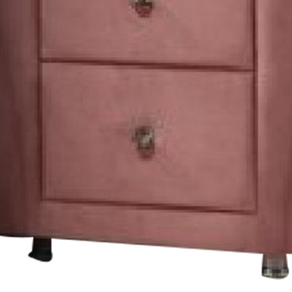 Benzara BM275665 Modern Nightstand, 2 Drawers, Round Metal Knobs, Velvet, Pink