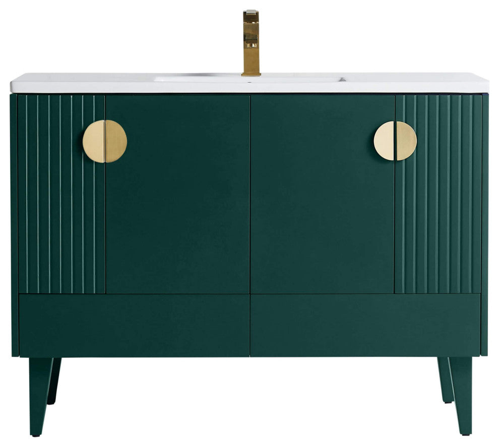 Venezian Single Bathroom Vanity, Green, 48", Satin Brass Handles, One Sink