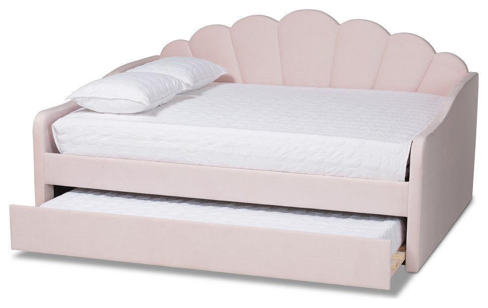 Rankin Queen Size Daybed With Trundle, Light Pink Velvet