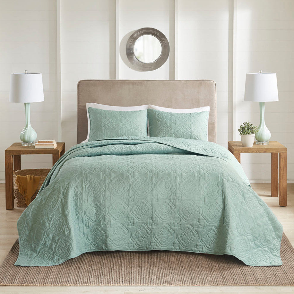 510 Design Oakley Quilted Oversized 3-Piece Bedspread Set, Seafoam, King/Cal Kin