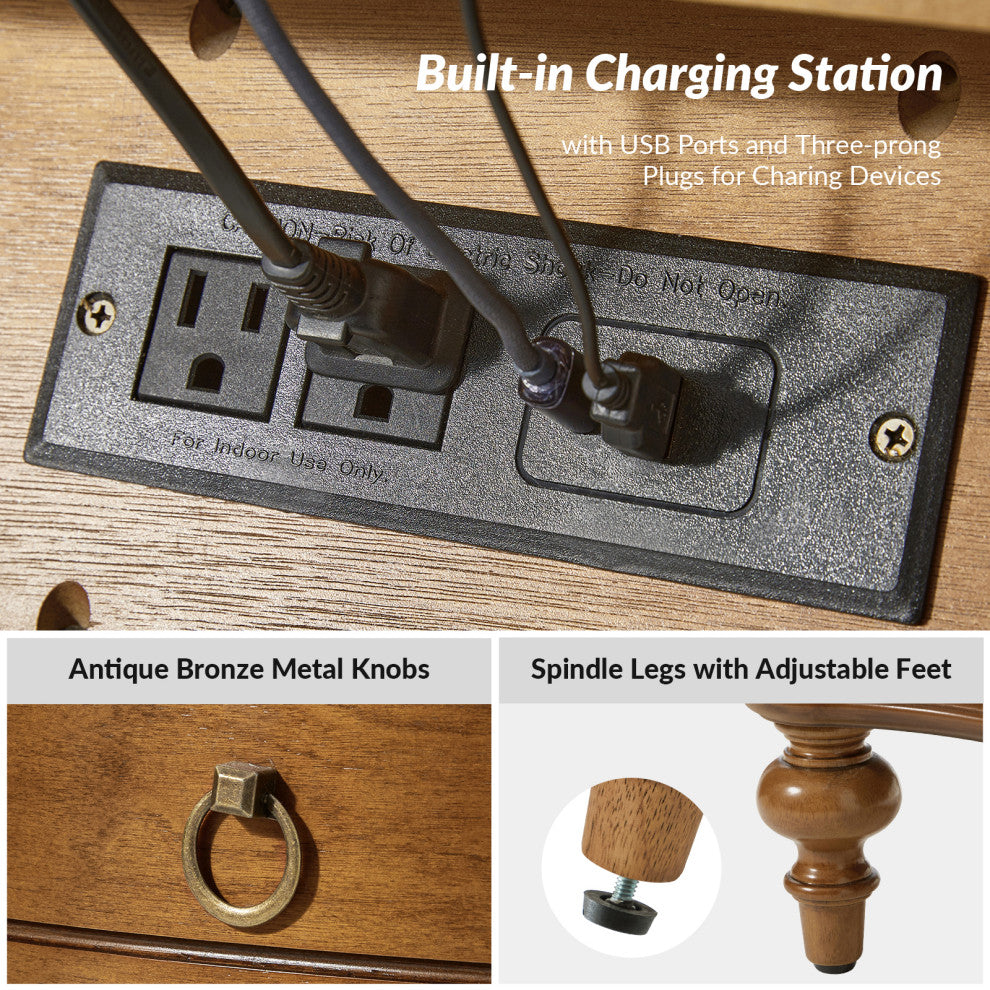 3-Drawer Nightstand With Solid Wood Legs & Built-In Outlets, Set of 2, Seadrift