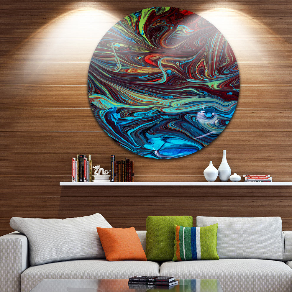 Red Blue Abstract Acrylic Paint Mix, Abstract Round Metal Wall Art, 11"