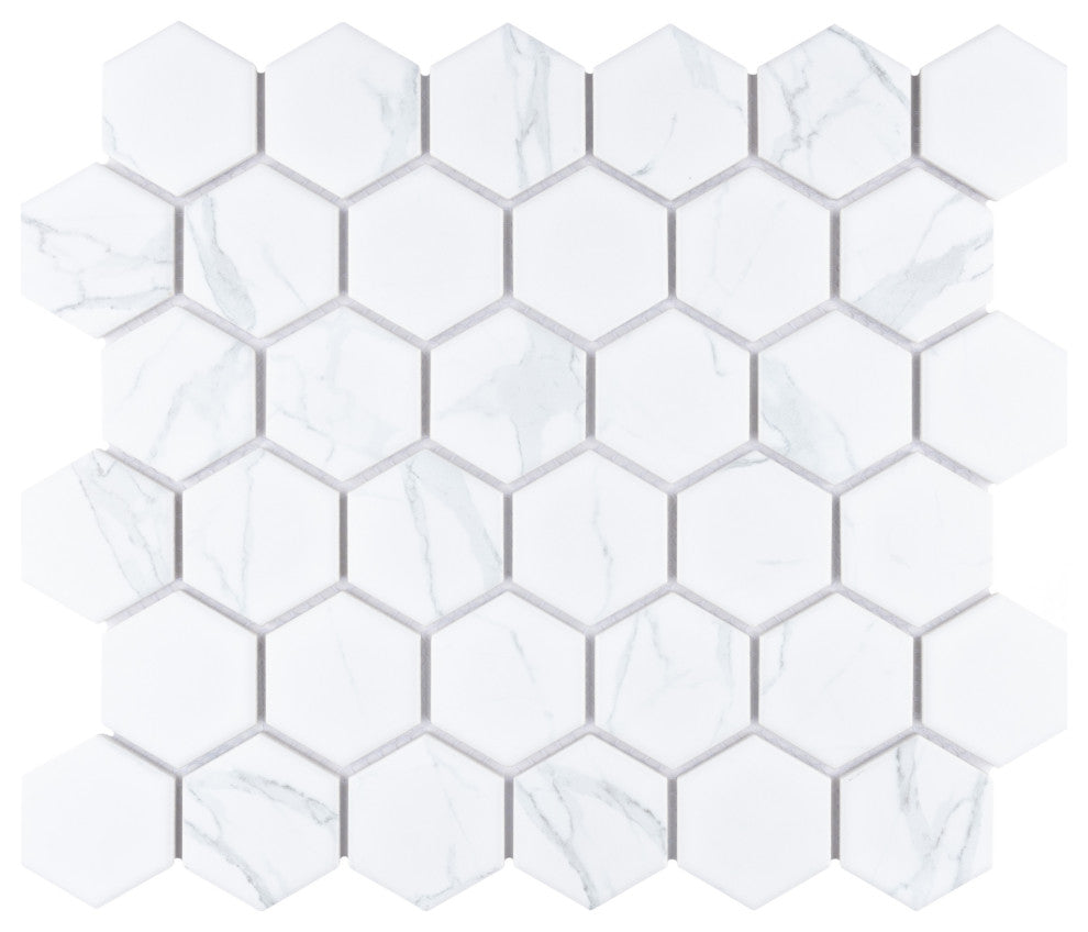 Carrione 2" Hex Matte Carrara Porcelain Floor and Wall Tile