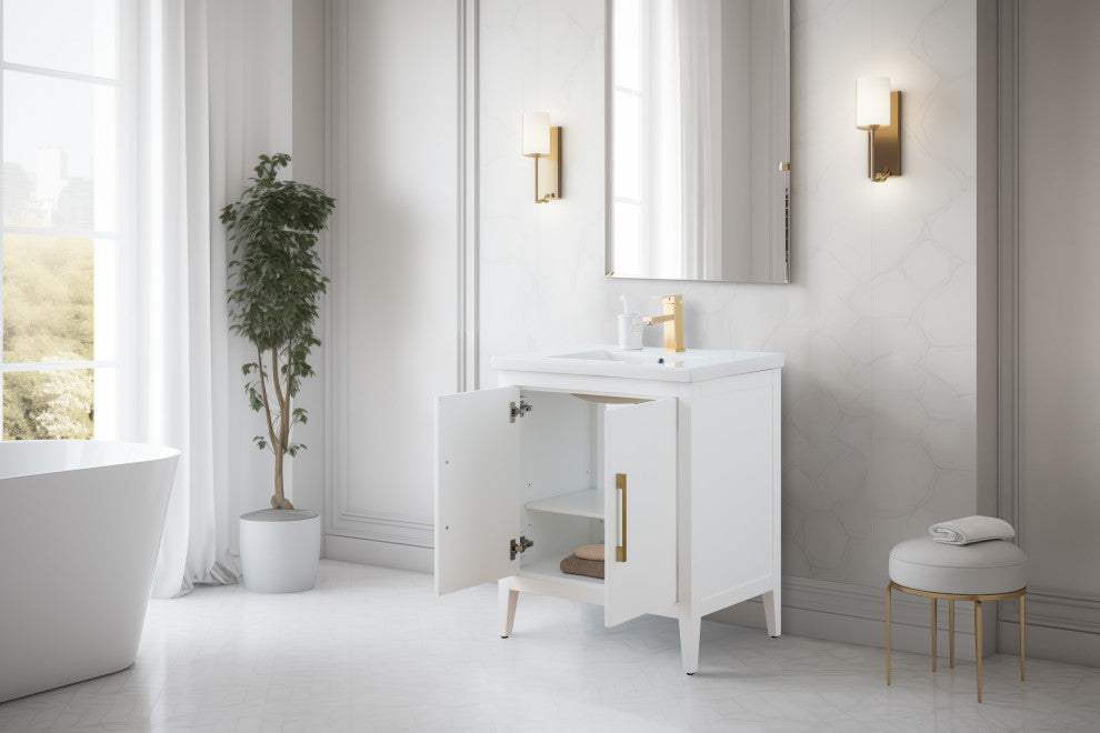 Vanity Art Bathroom Vanity With Sink, White, 30", Single Sink, Golden Brushed