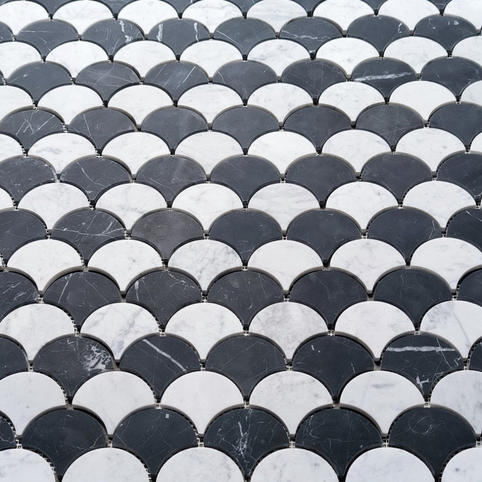 Carrara White Nero Marquina Black Marble Fish Scale Fan Mosaic Tile, 1 sheet
