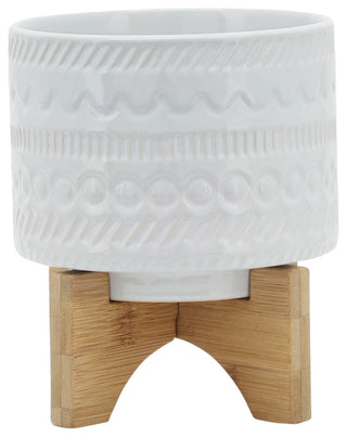 6" Tribal Planter With Wood Stand, White