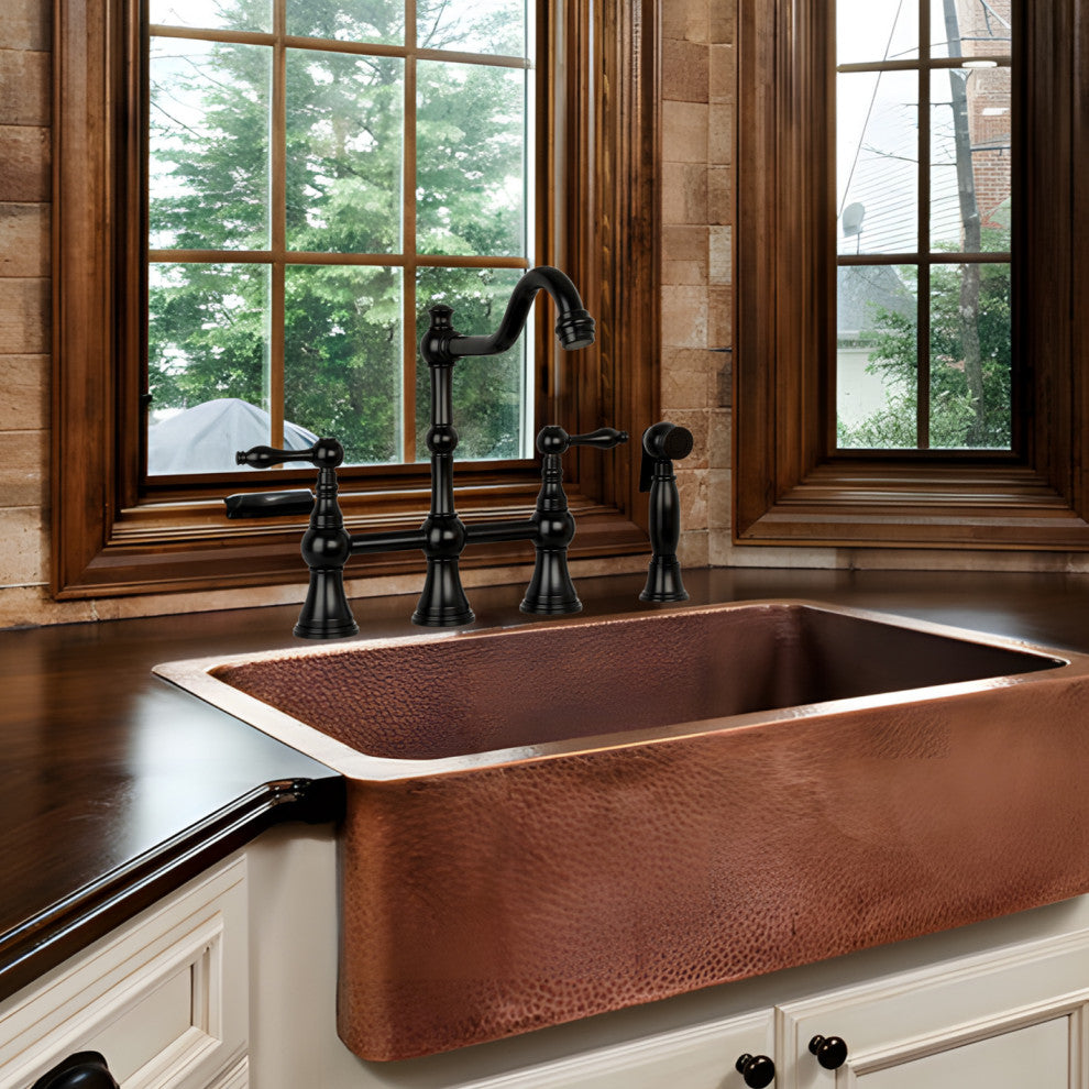 Two-Handles Copper Bridge Kitchen Faucet with Side Sprayer, Matte Black