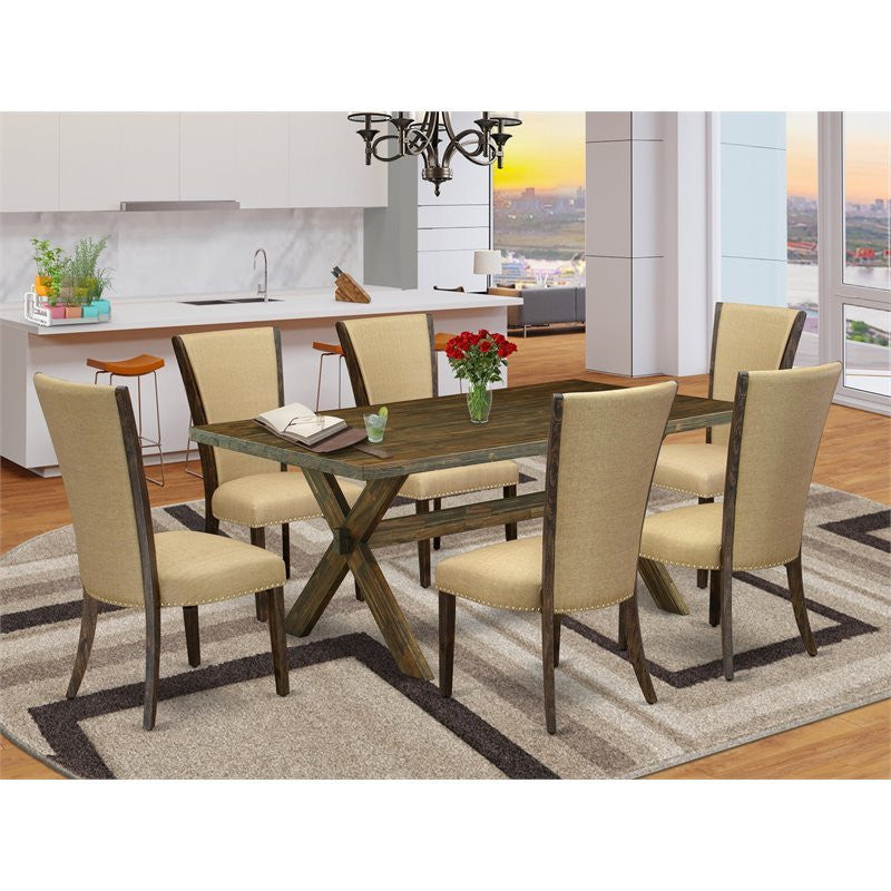7-Piece Set, Table and 6 Chairs With Brown, Linen Fabric, Medium Size Table