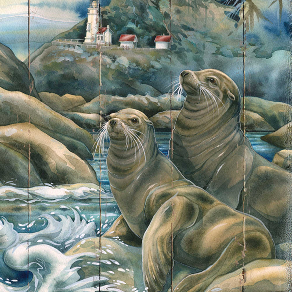 Lions of the Sea Lighthouse Caves Wooden Wall Art, Oversized 48x36