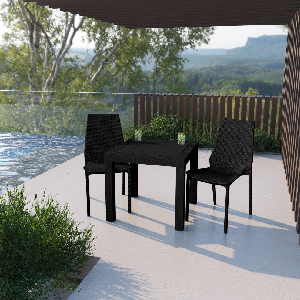LeisureMod Kent Weave Design 3-Piece Outdoor Patio Dining Set, Black