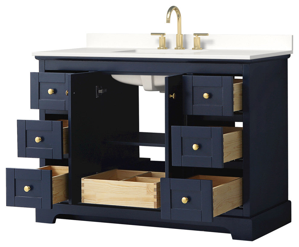 Avery 48" Dark Blue Single Vanity, White Quartz Top (3-Hole), Gold Trim