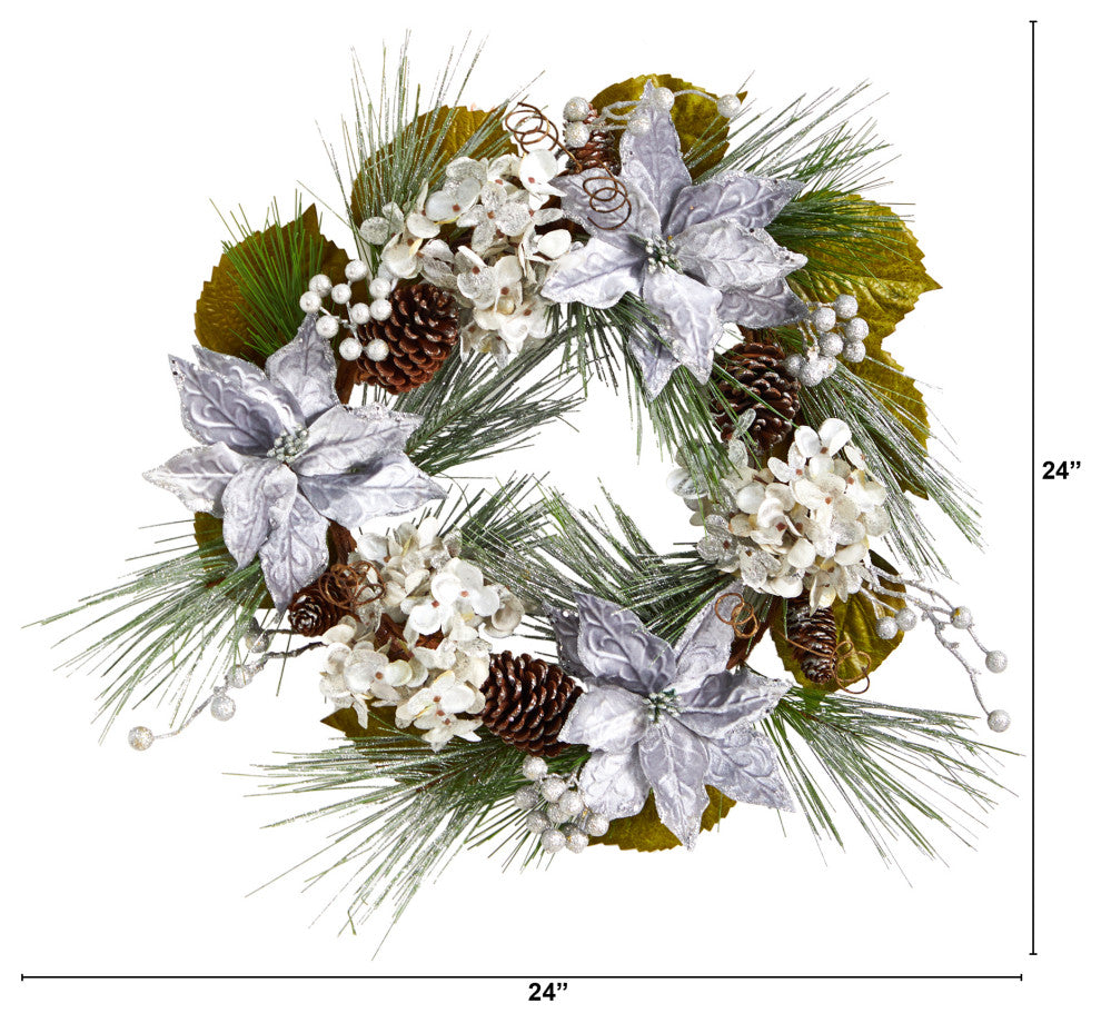 24" Silver Poinsettia, Hydrangea and Pinecones Artificial Christmas Wreath