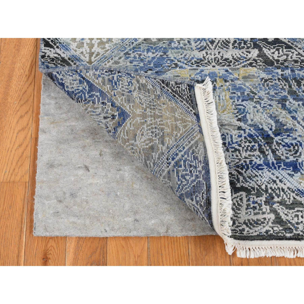 Steel Blue Broken and Erased Silk With Wool Hand Knotted Runner Rug 2'7"x8'3"