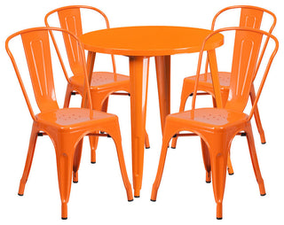 Commercial Grade 30" Round Orange Metal Indoor-Outdoor Table Set, 4 Cafe Chairs