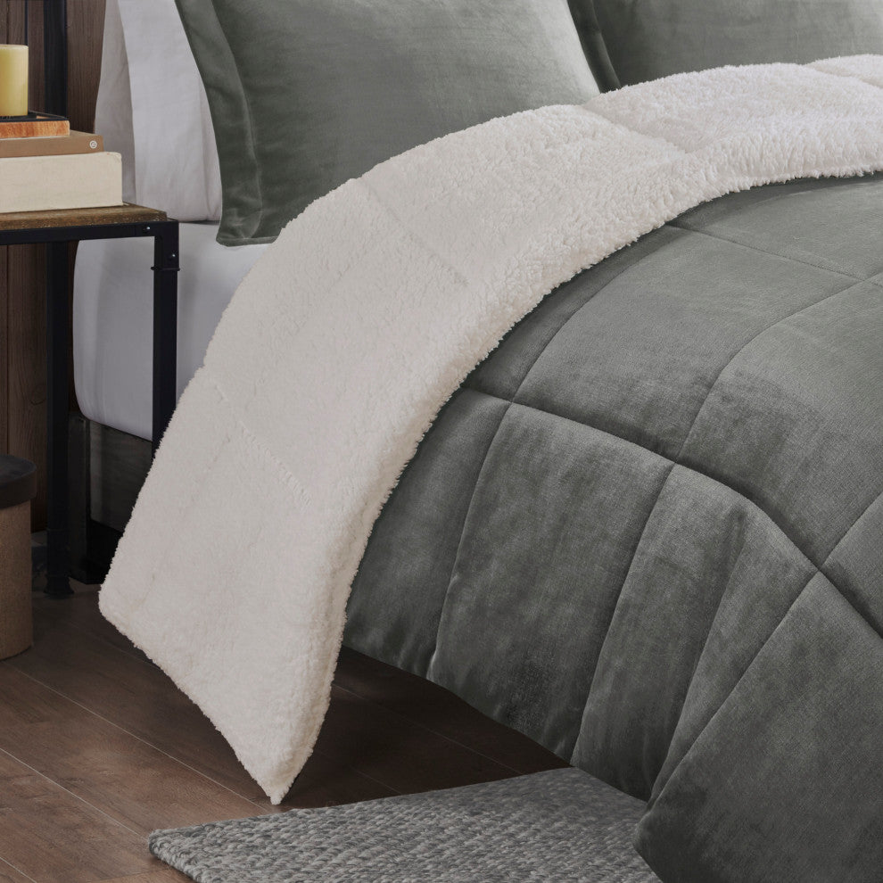 Woolrich Alton Plush to Sherpa Winter Comforter Set, Grey, King
