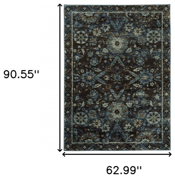 5' X 7' Navy Blue Oriental Power Loom Area Rug
