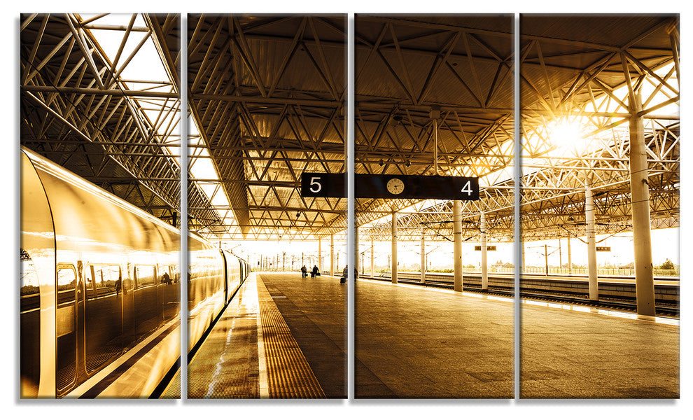 Train at Railway Station with Sunlight, Landscape Canvas Art, 48"x28", 4 Panels