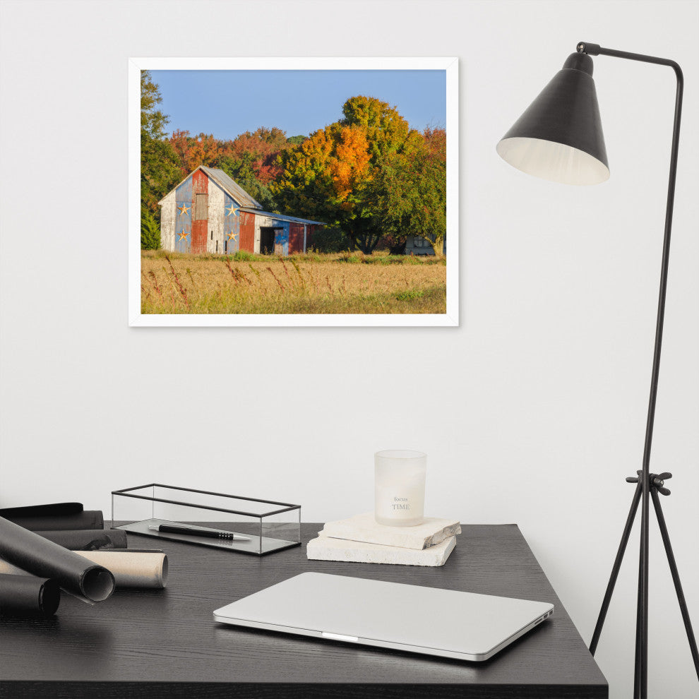 Patriotic Barn in Field Rural Landscape Framed Photo Paper Wall Art Prints, White, 16" X 20"