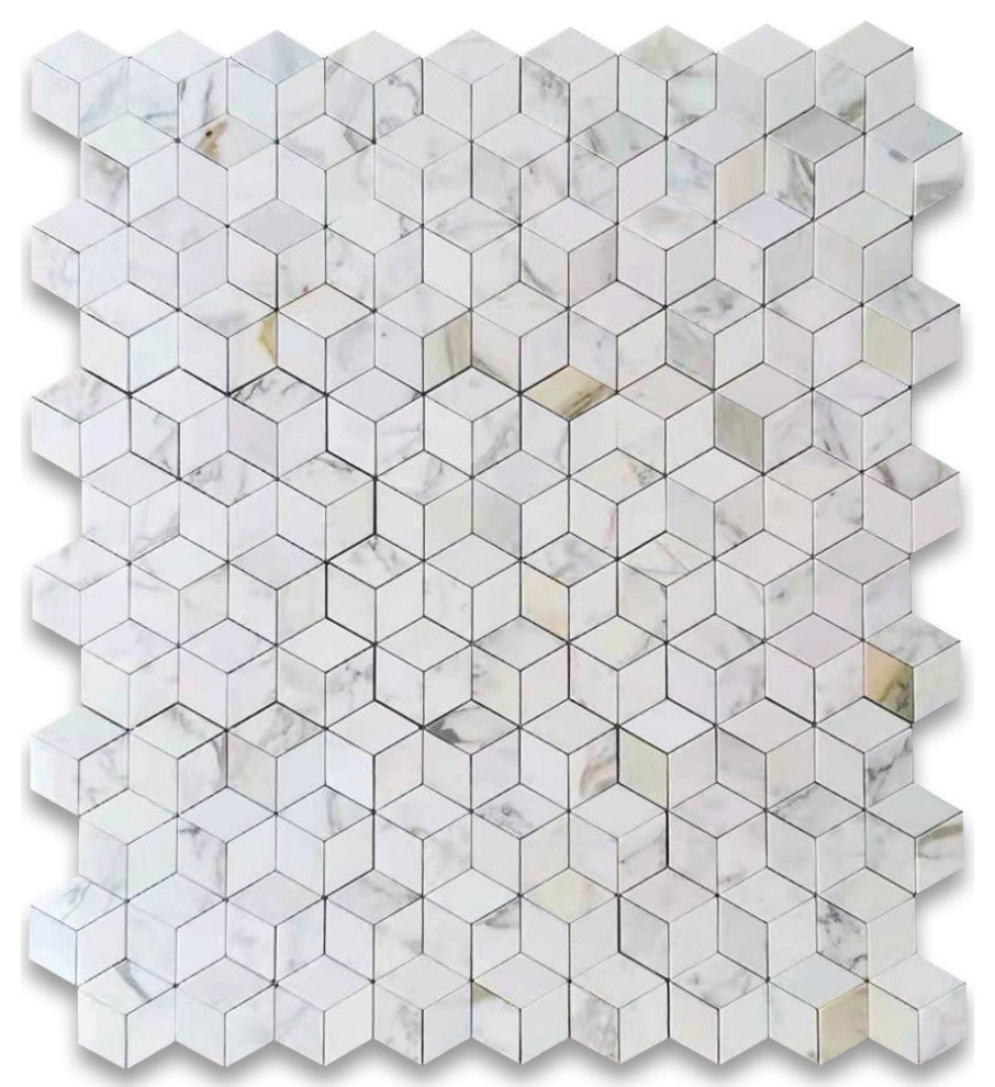Calacatta Gold Marble Illusion 3D Cube Rhombus Diamond Hex Tile Polish, 1 sheet