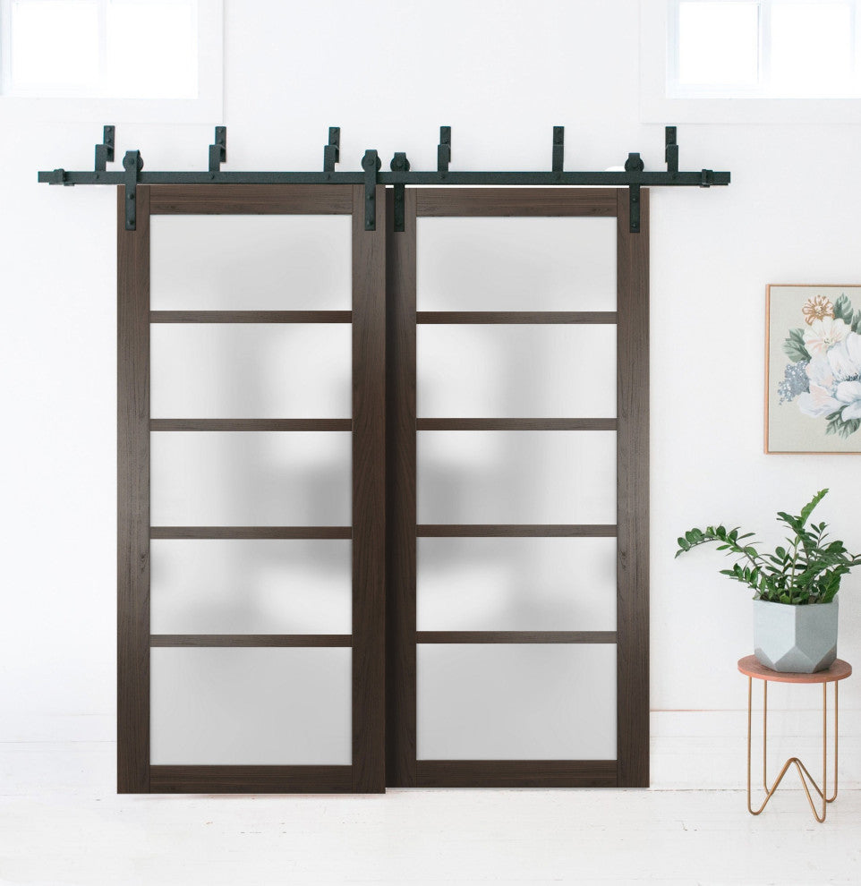 Frosted Glass Barn Bypass Doors 72 x 96, Quadro 4002 Chocolate Ash, 6.6' Rail