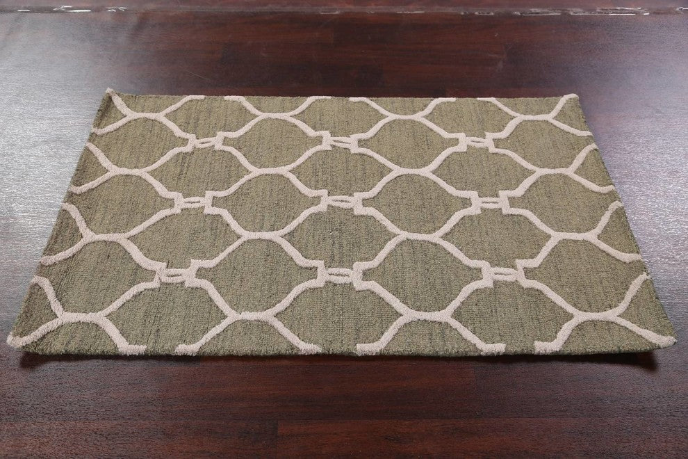 Transitional Trellis Oushak Oriental Hand-Tufted Area Rug, Sage Green, 3x5'