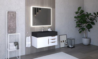 CastelloUSA Nile 36" Wall Mounted Vanity Set, White, Black Top, Gold Handles