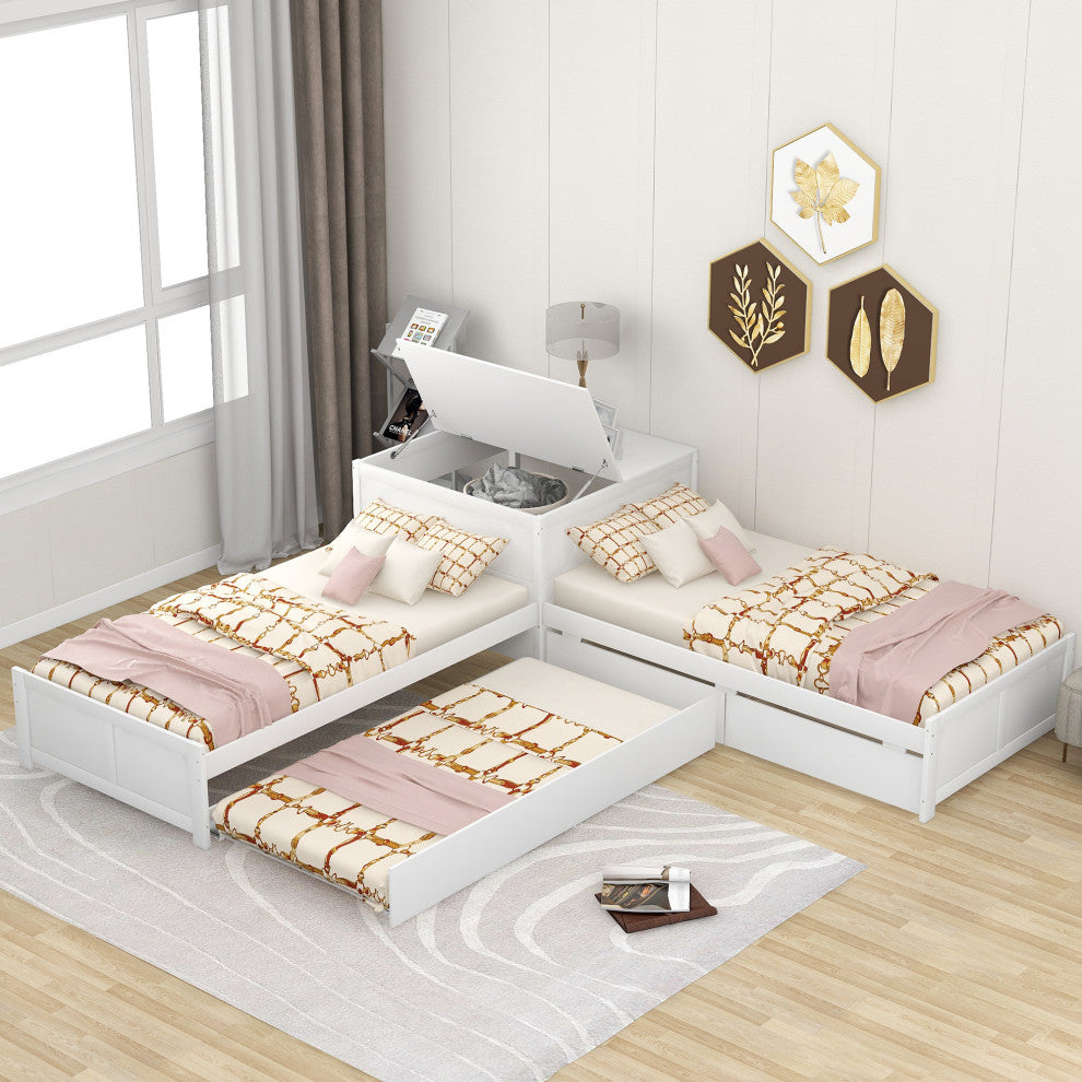 Twin Wood Frame Platform Bed with Trundle and Drawers , White, Twin