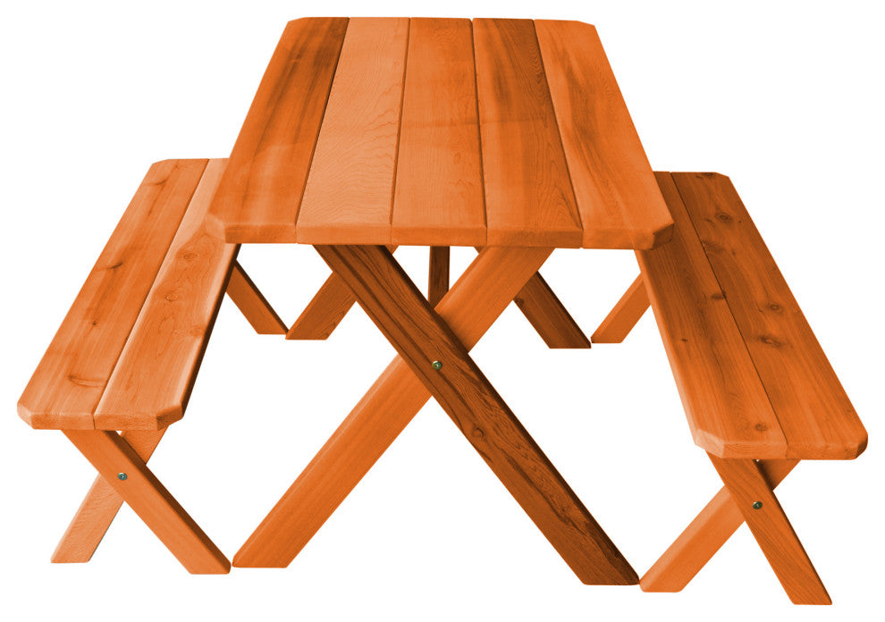 Cedar Cross-Leg Table with 2 Benches, Redwood Stain, 5 Foot