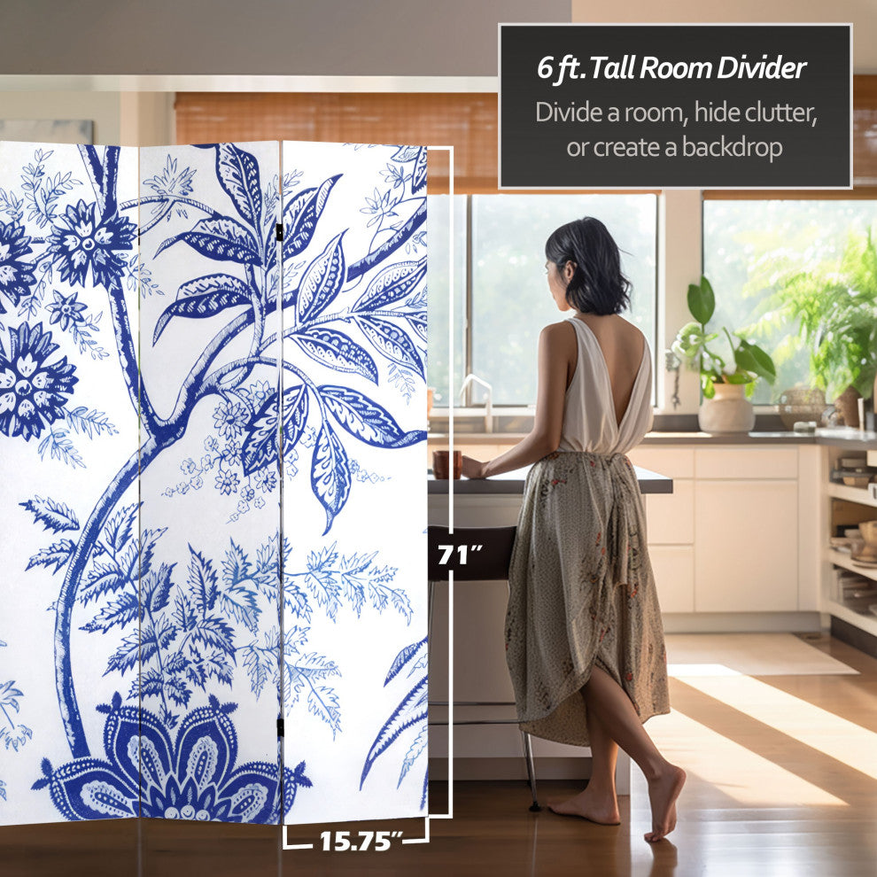 6'' Tall Blue Toile Double Sided Room Divider