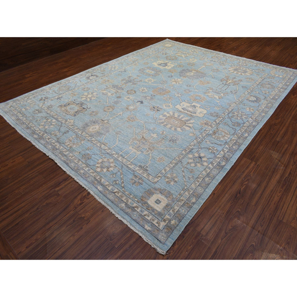 Light Blue Soft and Shiny Wool Hand Knotted Afghan Angora Oushak Rug, 9'2"x12'