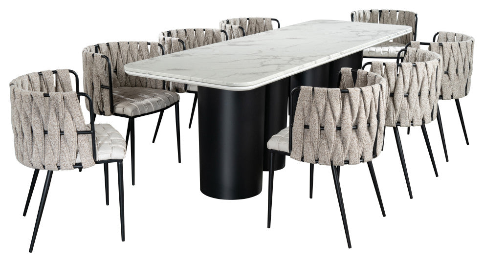 Balmain Marble Top Dining Set for 8, Off White Chairs