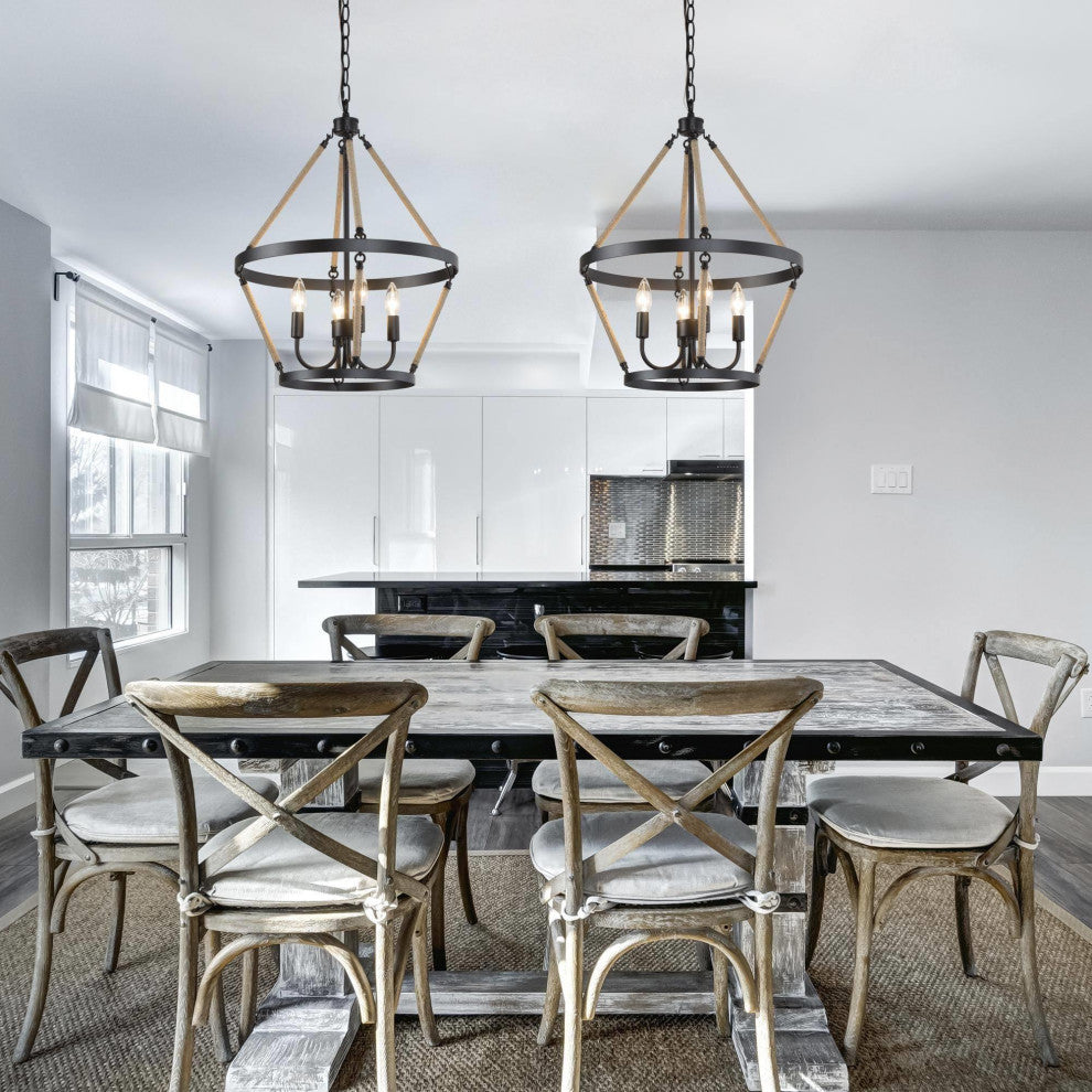 4-Lights Hemp Rope Tiered and Matte Black Modern/Farmhouse LED Chandelier