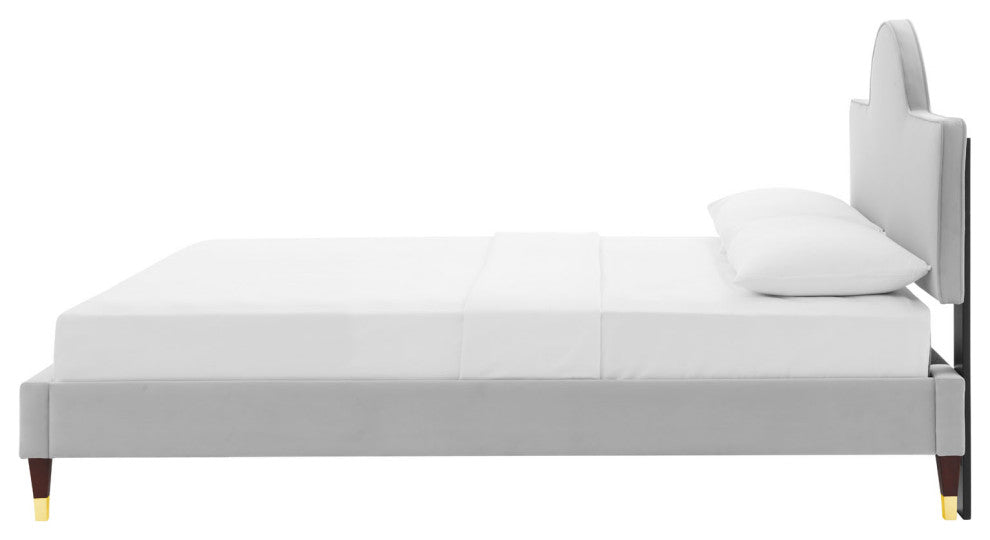 Platform Bed Frame, King Size, Gray, Velvet, Modern, Bedroom Guest Suite